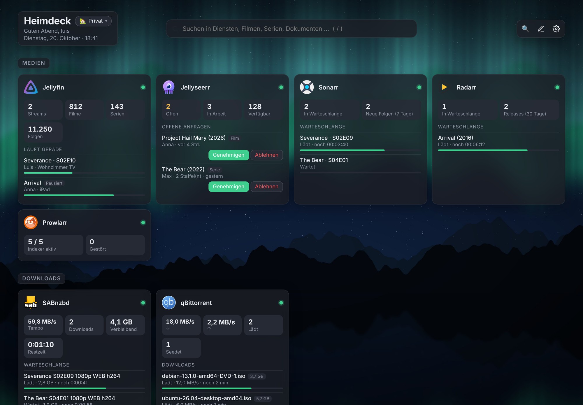 Heimdeck-Dashboard mit Live-Kacheln